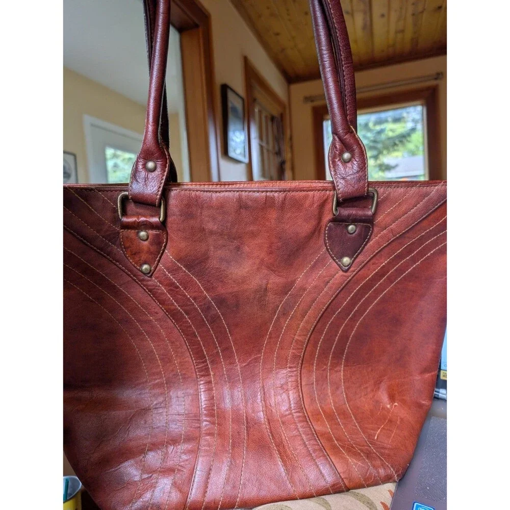 Vintage Leather Tote Bag Brown Double Handle Shoulder Purse 70s Boho Retro Large - Picture 11 of 13